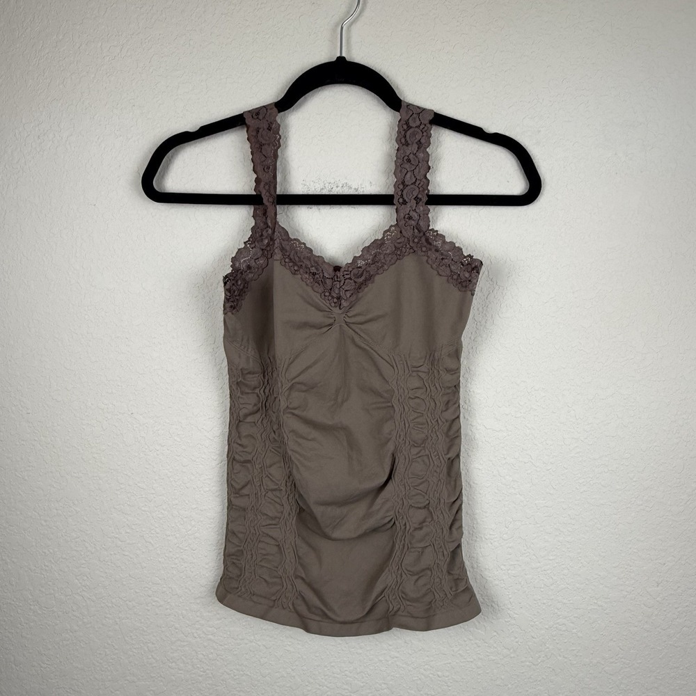 Vtg Y2K M. Rena Brown Slimming Ruched Cami Top Lace Trim‎ Coquette Bella Swan